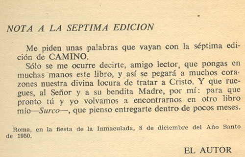 Nota a la séptima edición de Camino